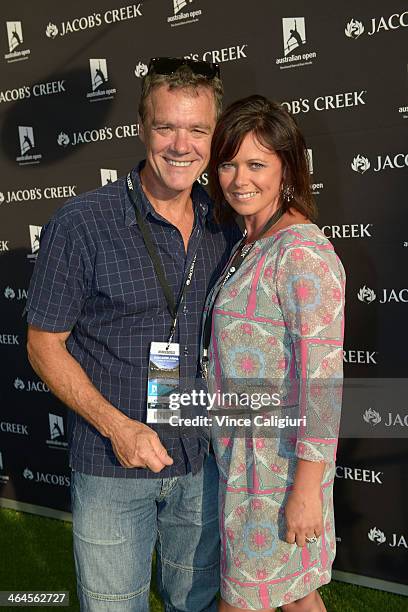 Stefan Dennis and wife Gail pose for photo at the Jacob's Creek Harvest House during day 11 of the 2014 Australian Open at Melbourne Park on January...