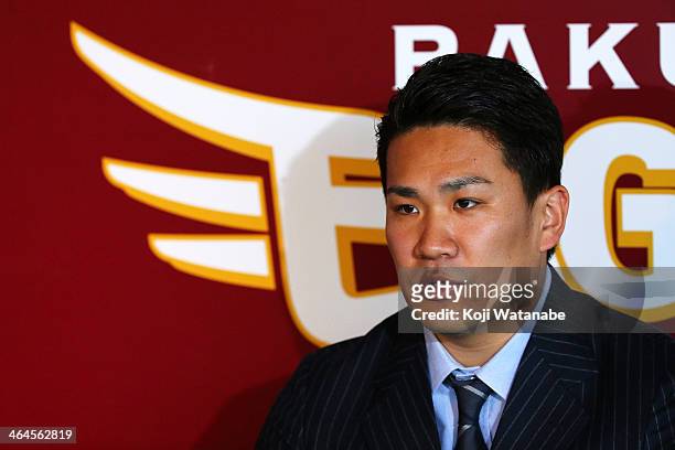 Masahiro Tanaka of Tohoku Rakuten Golden Eagles attends the news conference announcing his agreement to a seven-year contract of 155 million U.S....