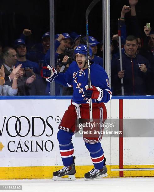 Lee Stempniak of the New York Rangers celebrates his game winning goal at 17:46 of the third period against the Arizona Coyotes at Madison Square...