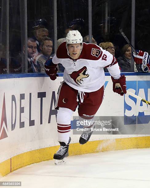 Henrik Samuelsson of the Arizona Coyotes skates in his first NHL game against the New York Rangers at Madison Square Garden on February 26, 2015 in...
