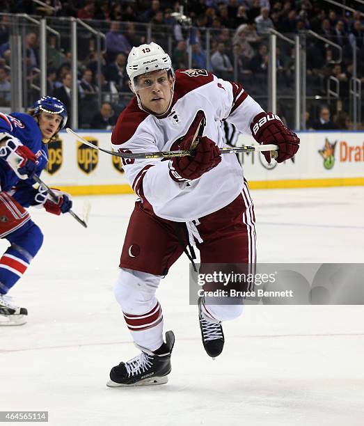 Henrik Samuelsson of the Arizona Coyotes skates in his first NHL game against the New York Rangers at Madison Square Garden on February 26, 2015 in...