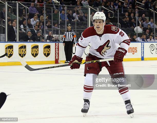 Henrik Samuelsson of the Arizona Coyotes skates in his first NHL game against the New York Rangers at Madison Square Garden on February 26, 2015 in...