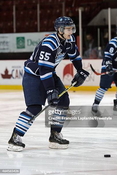 Nicolas Roy of the Chicoutimi Sagueneens skates during warmup prior to a game against the Gatineau Olympiques on February 20, 2015 at Robert Guertin...