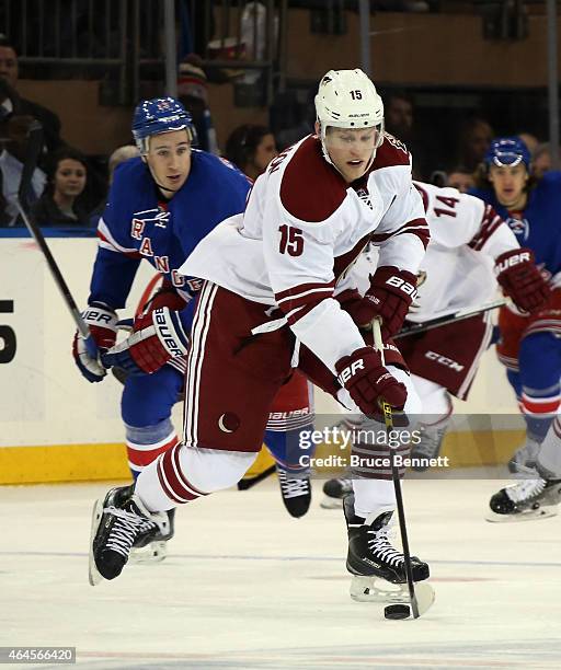 Henrik Samuelsson of the Arizona Coyotes skates in his first NHL game against the New York Rangers at Madison Square Garden on February 26, 2015 in...