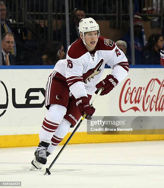 Henrik Samuelsson of the Arizona Coyotes skates in his first NHL game against the New York Rangers at Madison Square Garden on February 26, 2015 in...