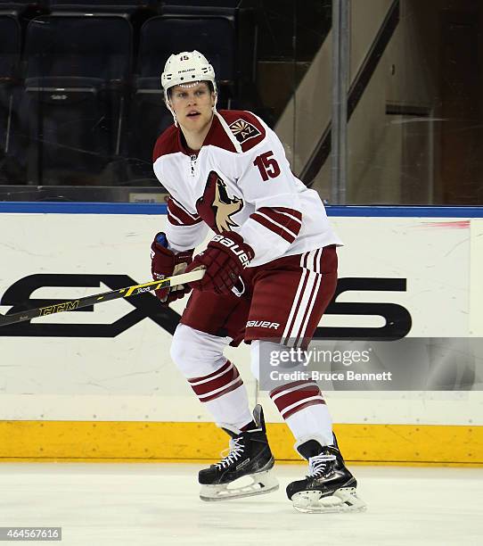 Henrik Samuelsson of the Arizona Coyotes skates in warm-ups prior to playing in his first NHL game against the New York Rangers at Madison Square...