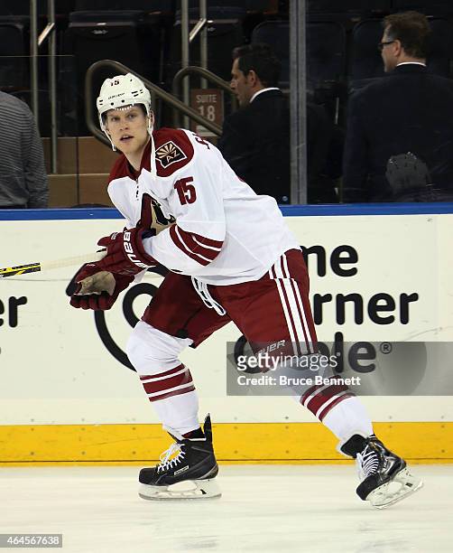 Henrik Samuelsson of the Arizona Coyotes skates in warm-ups prior to playing in his first NHL game against the New York Rangers at Madison Square...