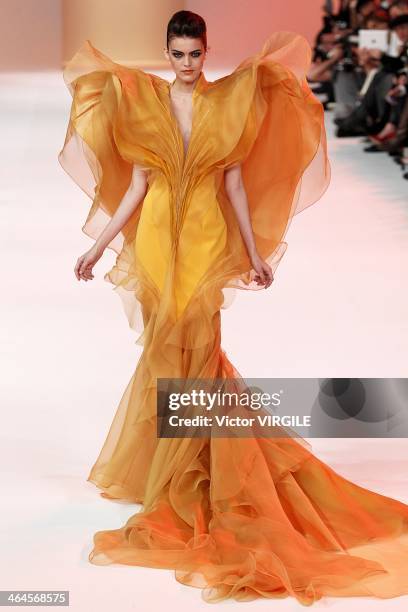 Model walks the runway during Stephane Rolland show as part of Paris Fashion Week Haute Couture Spring/Summer 2014 on January 21, 2014 in Paris,...