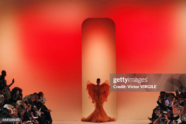 Model walks the runway during Stephane Rolland show as part of Paris Fashion Week Haute Couture Spring/Summer 2014 on January 21, 2014 in Paris,...