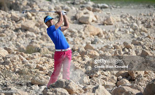 Johan Carlsson of Sweden on the par five 18th hole during the second round of the Comercial Bank Qatar Masters at the Doha Golf Club on January 23,...