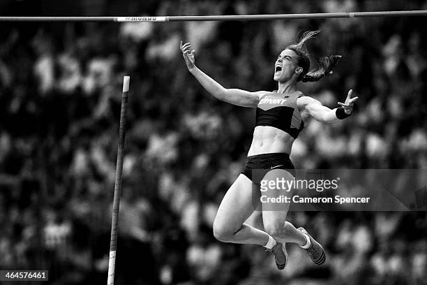 Silke Spiegelburg of Germany celebrates a jump in the Women's pole vault final during Day Four of the 14th IAAF World Athletics Championships Moscow...