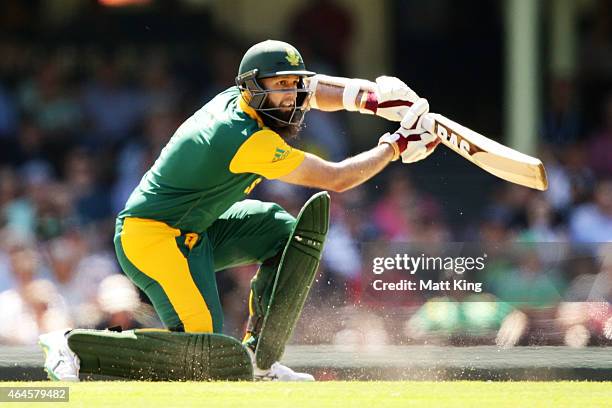 Hashim Amla of South Africa bats during the 2015 ICC Cricket World Cup match between South Africa and the West Indies at Sydney Cricket Ground on...