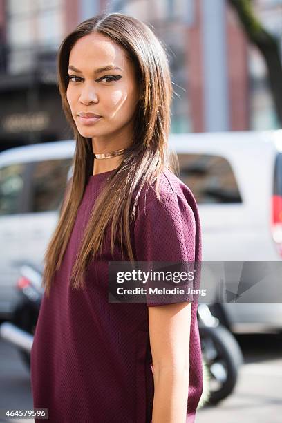Joan Smalls exits the Fendi show on February 26, 2015 in Milan, Italy.