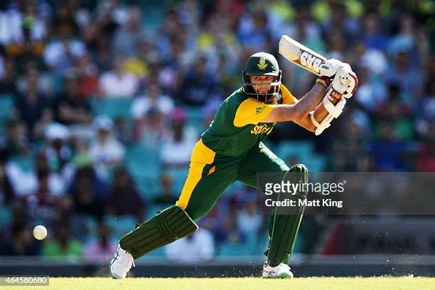 Hashim Amla of South Africa bats during the 2015 ICC Cricket World Cup match between South Africa and the West Indies at Sydney Cricket Ground on...