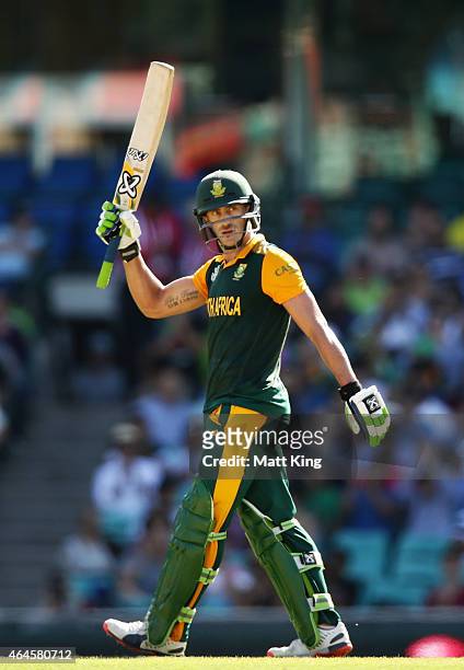 Faf du Plessis of South Africa celebrates and acknowledges the crowd after scoring a half century during the 2015 ICC Cricket World Cup match between...