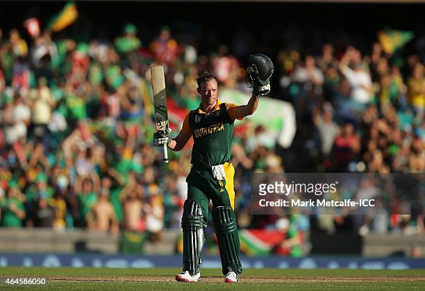 De Villiers of South Africa celebrates and acknowledges the crowd after scoring a century during the 2015 ICC Cricket World Cup match between South...
