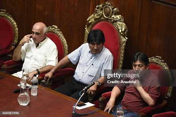 Bolivian President Evo Morales seen next to Bolivian Foreign Minister David Choquehuanca during an event at Uruguay's University of the Republic in...