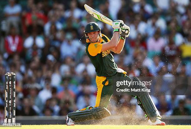 De Villiers of South Africa bats during the 2015 ICC Cricket World Cup match between South Africa and the West Indies at Sydney Cricket Ground on...