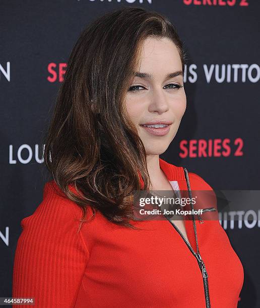 Actress Emilia Clarke arrives at Louis Vuitton "Series 2" The Exhibition on February 5, 2015 in Hollywood, California.