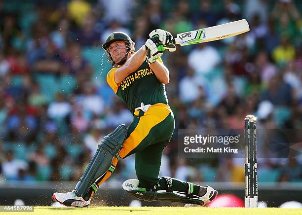 De Villiers of South Africa bats during the 2015 ICC Cricket World Cup match between South Africa and the West Indies at Sydney Cricket Ground on...