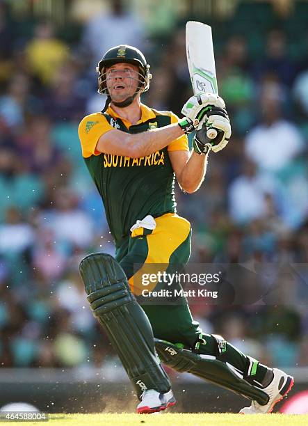 De Villiers of South Africa bats during the 2015 ICC Cricket World Cup match between South Africa and the West Indies at Sydney Cricket Ground on...