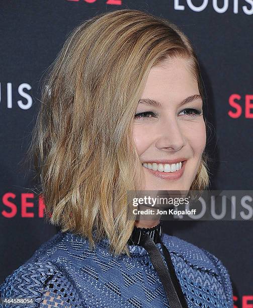 Actress Rosamund Pike arrives at Louis Vuitton "Series 2" The Exhibition on February 5, 2015 in Hollywood, California.