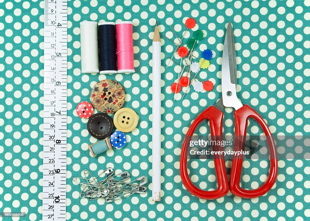 Sewing kit on polka dot fabric