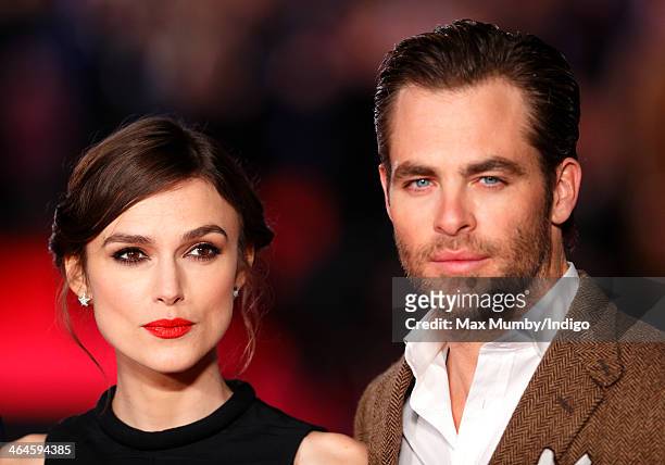 Keira Knightley and Chris Pine attend the UK Premiere of 'Jack Ryan: Shadow Recruit' at Vue Leicester Square on January 20, 2014 in London, England.