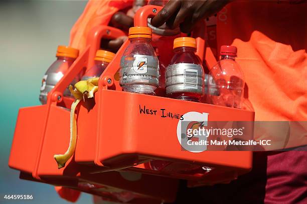 West Indies drinks tray is seen during the 2015 ICC Cricket World Cup match between South Africa and the West Indies at Sydney Cricket Ground on...