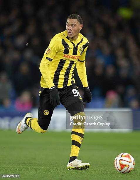 Guillaume Hoarau of Young Boys in action during the UEFA Europa League Round of 32 match between Everton and BSC Young Boys on February 26, 2015 in...