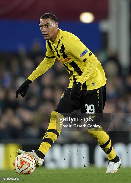 Guillaume Hoarau of Young Boys in action during the UEFA Europa League Round of 32 match between Everton and BSC Young Boys on February 26, 2015 in...