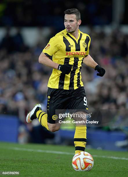 Marco Burki of Young Boys in action during the UEFA Europa League Round of 32 match between Everton and BSC Young Boys on February 26, 2015 in...