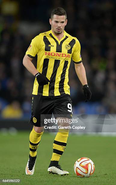 Marco Burki of Young Boys in action during the UEFA Europa League Round of 32 match between Everton and BSC Young Boys on February 26, 2015 in...