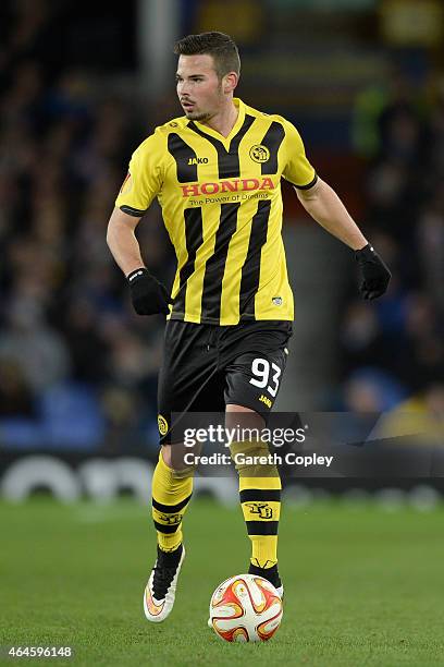 Marco Burki of Young Boys in action during the UEFA Europa League Round of 32 match between Everton and BSC Young Boys on February 26, 2015 in...