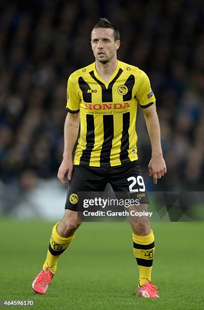 Raphael Nuzzolo of Young Boys in action during the UEFA Europa League Round of 32 match between Everton and BSC Young Boys on February 26, 2015 in...