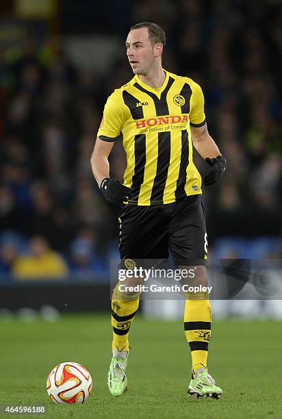 Jan Lecjaks of Young Boys in action during the UEFA Europa League Round of 32 match between Everton and BSC Young Boys on February 26, 2015 in...