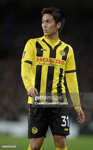 Yuya Kubo of Young Boys in action during the UEFA Europa League Round of 32 match between Everton and BSC Young Boys on February 26, 2015 in...