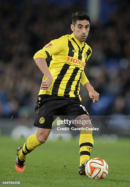 Gonzalo Zarate of Young Boys in action during the UEFA Europa League Round of 32 match between Everton and BSC Young Boys on February 26, 2015 in...
