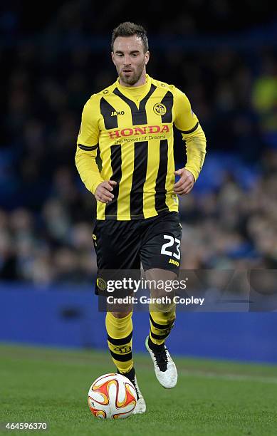 Scott Sutter of Young Boys in action during the UEFA Europa League Round of 32 match between Everton and BSC Young Boys on February 26, 2015 in...