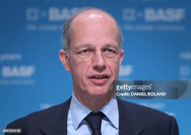 Kurt Bock, CEO of German chemical company BASF addresses the media during the company's annual financial statement at its headquarters in...
