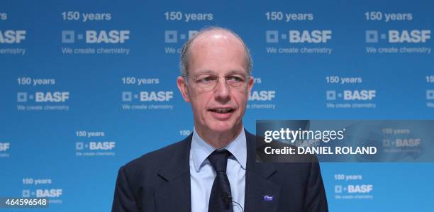 Kurt Bock, CEO of German chemical company BASF addresses the media during the company's annual financial statement at its headquarters in...