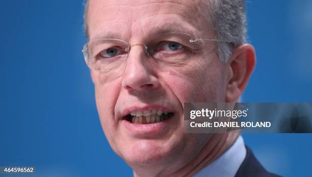 Kurt Bock, CEO of German chemical company BASF addresses the media during the company's annual financial statement at its headquarters in...