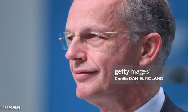 Kurt Bock, CEO of German chemical company BASF addresses the media during the company's annual financial statement at its headquarters in...