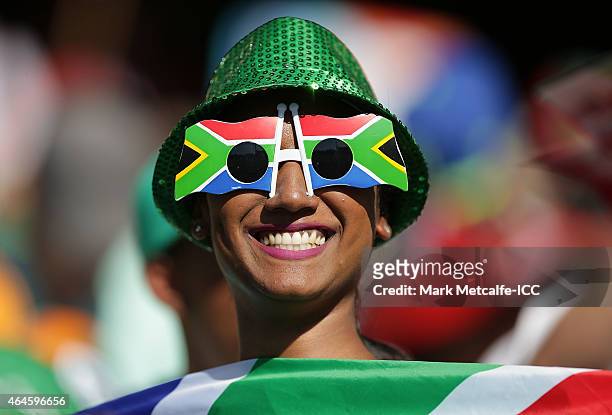 Fan shows her support during the 2015 ICC Cricket World Cup match between South Africa and the West Indies at Sydney Cricket Ground on February 27,...