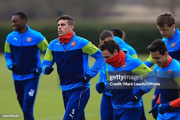 Alex Iwobi, Gabriel Paulista, Santi Cazorla and Alexis Sanchez of Arsenal during the Arsenal training session ahead of the UEFA Champions League...