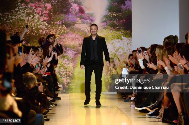 Designer Zuhair Murad acknowlegdes the applause of the audience after the Zuhair Murad Prive show as part of Paris Fashion Week Haute Couture...