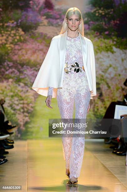 Model walks the runway during Zuhair Murad Prive show as part of Paris Fashion Week Haute Couture Spring/Summer 2014 on January 23, 2014 in Paris,...