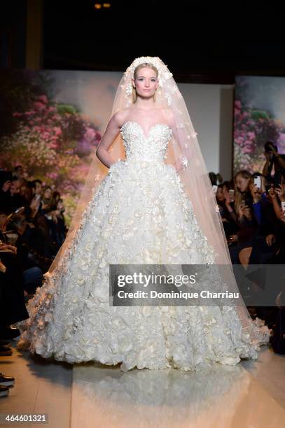 Model walks the runway for the finale of the Zuhair Murad Prive show as part of Paris Fashion Week Haute Couture Spring/Summer 2014 on January 23,...