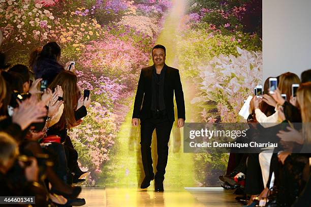 Designer Zuhair Murad acknowlegdes the applause of the audience after the Zuhair Murad Prive show as part of Paris Fashion Week Haute Couture...