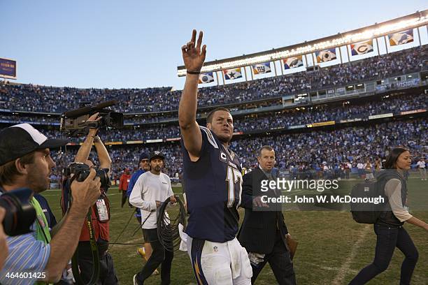 San Diego Chargers QB Philip Rivers victorious after clinching playoff spot with win over Kansas City Chiefs at Qualcomm Stadium. San Diego, CA...